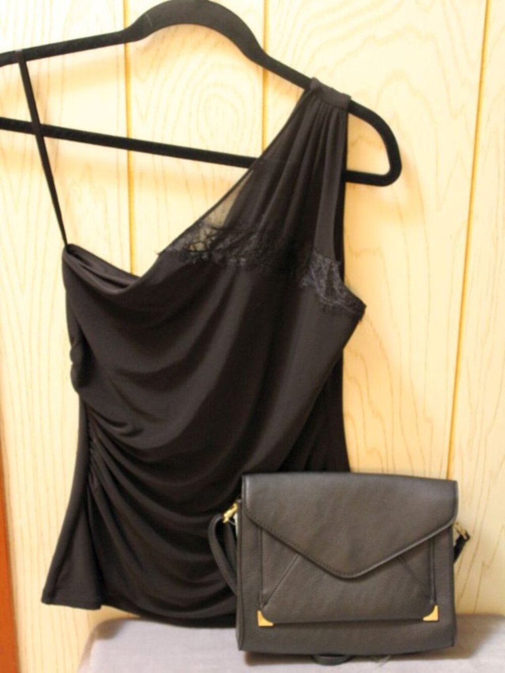 White House Black Market Women's One Shoulder Black Top with APT 9 Purse